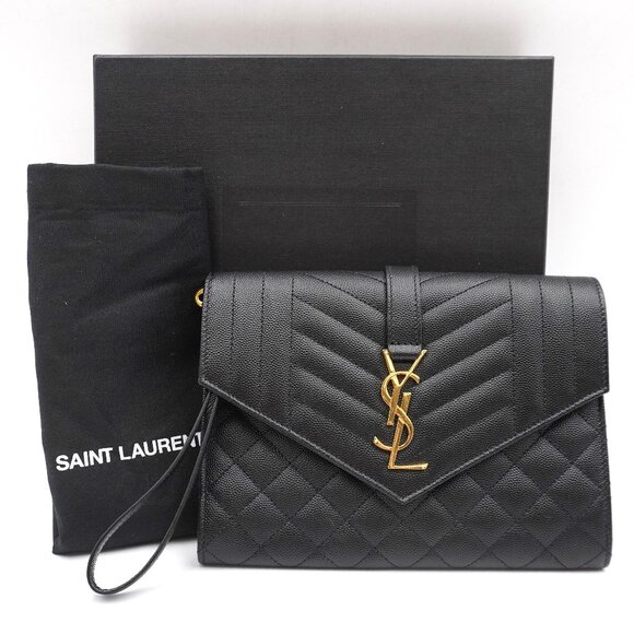 NIB Saint Laurent Calfskin Leather Wristlet Clutch in Black with Gold Hardware - Picture 1 of 13